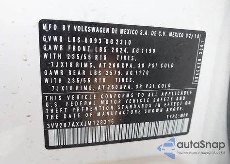 2018 Volkswagen Tiguan 2.0T Se/2.0T Sel из США, поврежденный, VIN 3VV2B7AXXJM123215